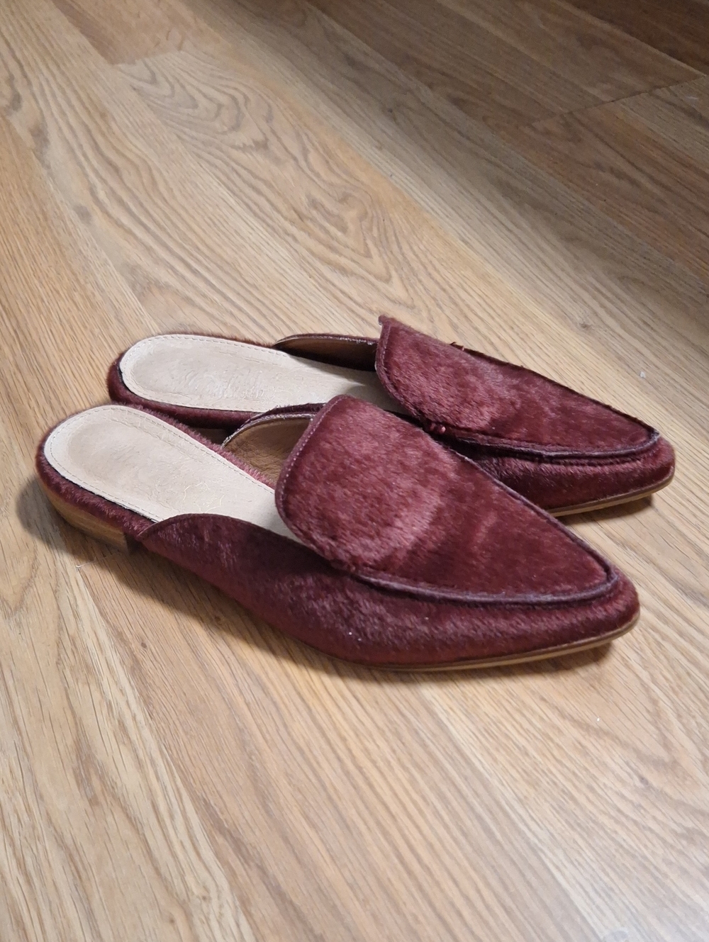 Mi.iM Women's Slip-On Pointed Mules Faux Calf Hair in Burgundy